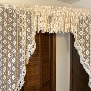 Pair cream lace curtains swag sides  64” x38” 2 valances 54”x 16”